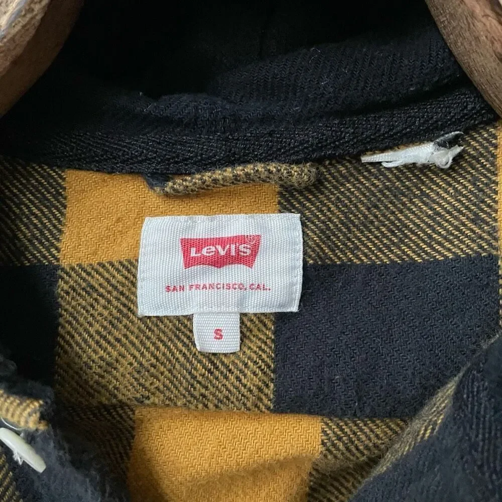 Levi’s Mustard Yellow Buffalo Plaid Button Up Hoodie Shirt S